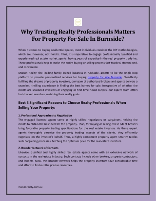 Why Trusting Realty Professionals Matters For Property For Sale In Burnside?