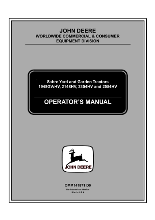 John Deere 1948GVHV 2148HV 2354HV and 2554HV Sabre Yard and Garden Tractors Operator’s Manual Instant Download (PIN01000