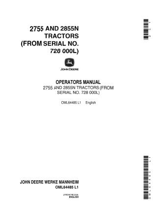 John Deere 2755 and 2855N Tractors Operator’s Manual Instant Download (PIN728000L) (Publication No.OML64485)