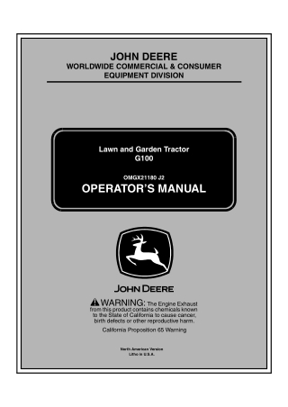 John Deere G100 Lawn and Garden Tractor Operator’s Manual Instant Download (PIN010001- ) (Publication No. omgx21180)
