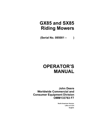 John Deere GX85 and SX85 Riding Mowers Operator’s Manual Instant Download (Pin.085001-) (Publication No.OMM133763)