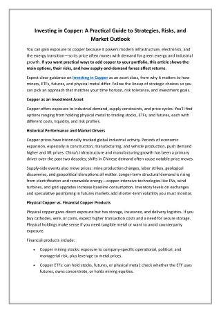 Investing in Copper A Practical Guide to Strategies, Risks, and Market Outlook