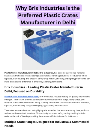 Why Brix Industries is the Preferred Plastic Crates Manufacturer in Delhi