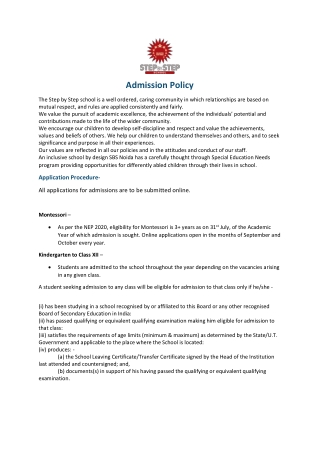 SBS Admission Policy- Step by Step School Noida
