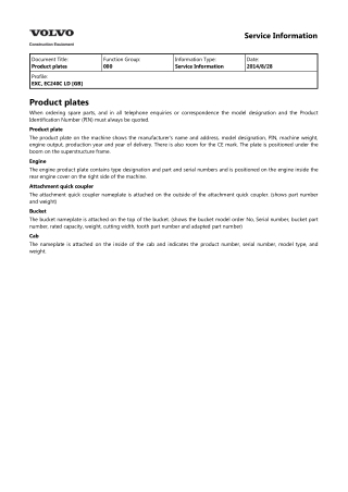 Volvo EC240C LD EC240CLD Excavator Service Repair Manual Instant Download