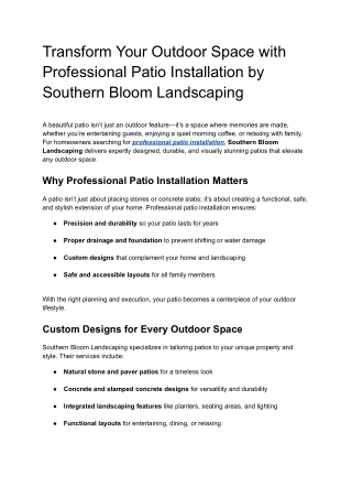 Transform Your Outdoor Space with Professional Patio Installation by Southern Bloom Landscaping