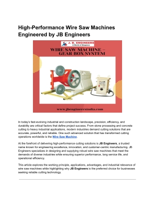 High-Performance Wire Saw Machines Engineered by JB Engineers
