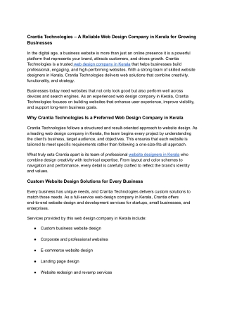 Crantia Technologies – A Reliable Web Design Company in Kerala for Growing Businesses