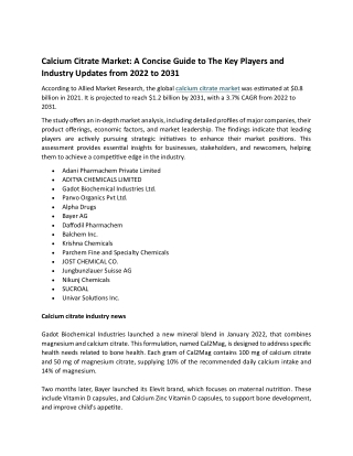 Calcium Citrate Market Industry Size, Growth Opportunities and Regional Analysis