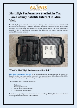 Flat High Performance Starlink in CA:  Low-Latency Satellite Internet in Aliso