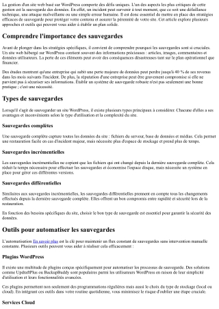 Stratégies de Sauvegarde pour Sites sur Hébergement WordPress