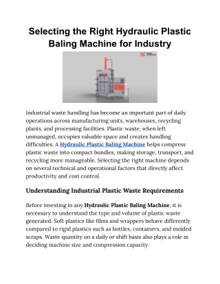 Selecting the Right Hydraulic Plastic Baling Machine for Industry