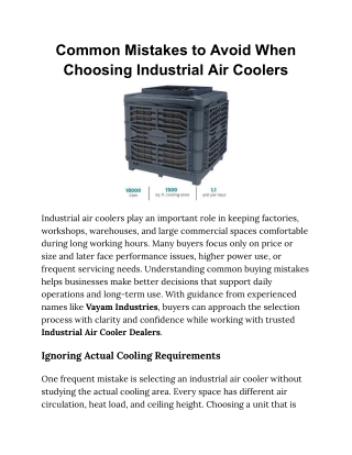 Common Mistakes to Avoid When Choosing Industrial Air Coolers