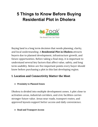 5 Things to Know Before Buying Residential Plot in Dholera