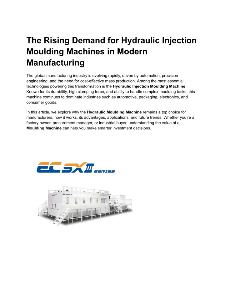 Hyd Injection PPT - The Rising Demand for Hydraulic Injection Moulding Machines in ...