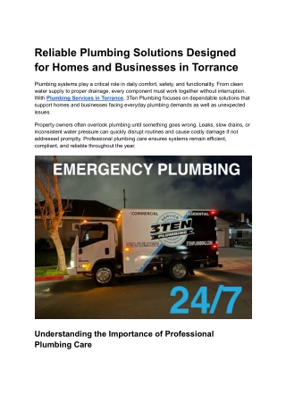 Reliable Plumbing Solutions Designed for Homes and Businesses in Torrance
