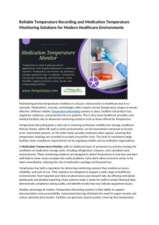 Reliable Temperature Recording and Medication Temperature Monitoring Solutions for Modern Healthcare Environments