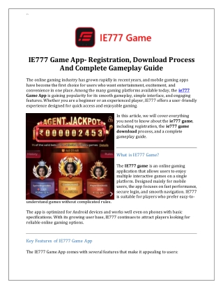 IE777 Game App- Registration, Download Process And Complete Gameplay Guide