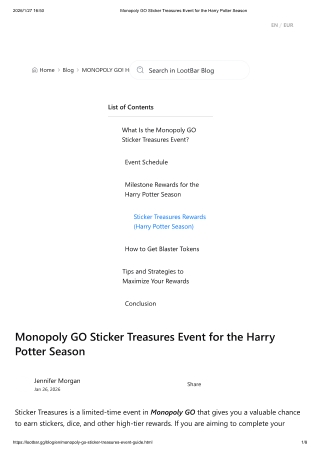 Monopoly GO Sticker Treasures Event for the Harry Potter Season