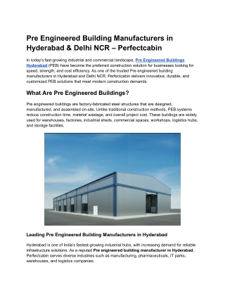 Pre Engineered Building Manufacturers in Hyderabad & Delhi NCR – Perfectcabin
