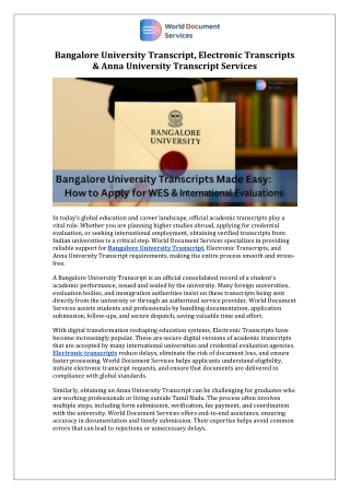 Bangalore University Transcript, Electronic Transcripts & Anna University Transcript Services