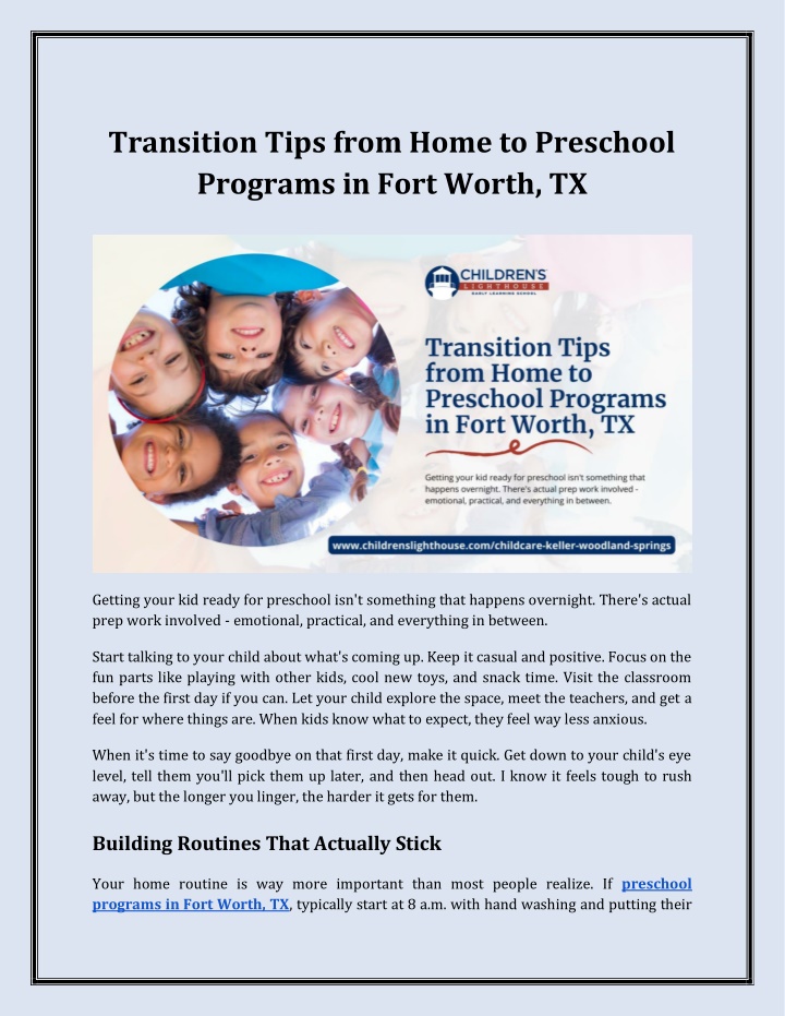 PPT - Transition Tips from Home to Preschool Programs in Fort Worth, TX ...