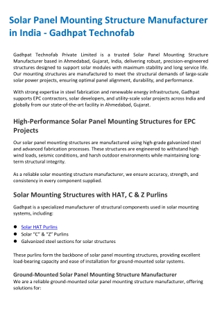 Solar Panel Mounting Structure Manufacturer in India - Gadhpat Technofab