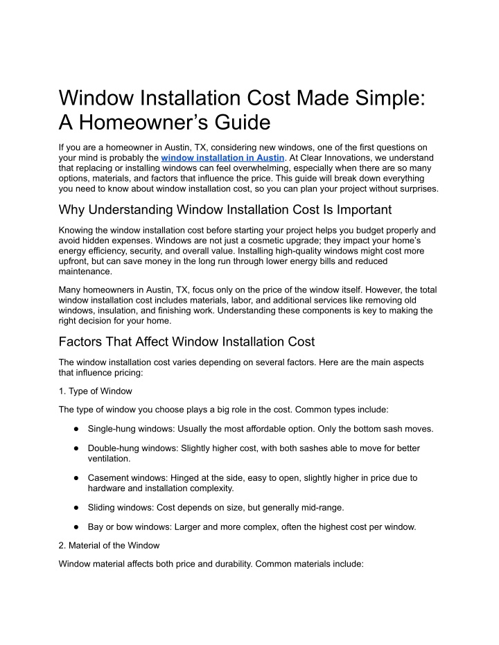 PPT - Window Installation Costs Explained for Homeowners | Clear ...