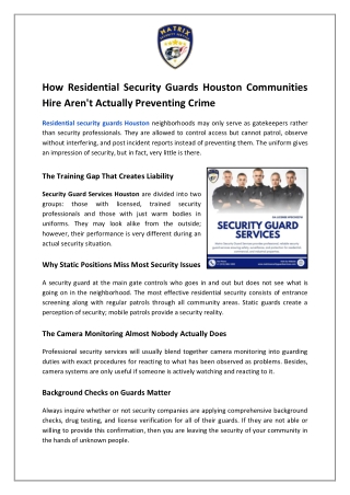 How Residential Security Guards Houston Communities Hire Aren't Actually Prevent