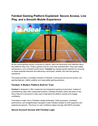 Fairdeal Gaming Platform Explained Secure Access, Live Play, and a Smooth Mobile Experience