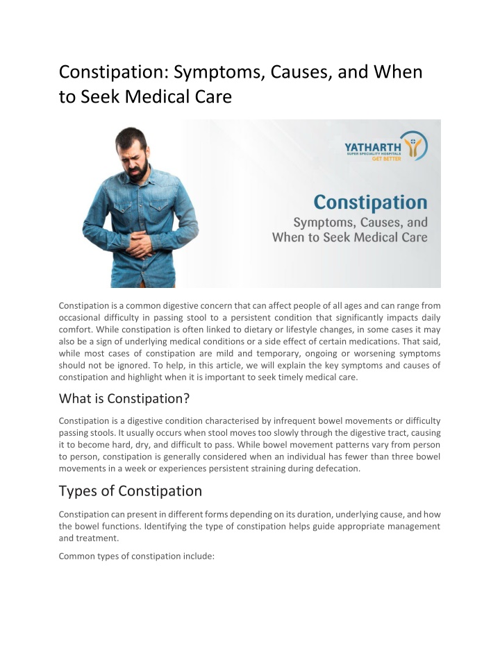 Constipation Ppt PPT - Constipation Symptoms Types Causes and Prevention Yatharth ...