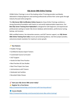 SQL Server DBA Online Coaching Classes In India, Hyderabad