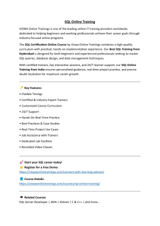 SQL Online Coaching Classes In India, Hyderabad