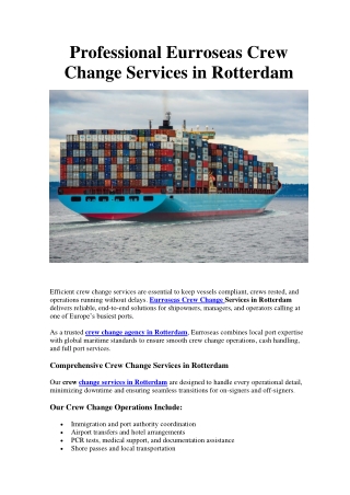 Professional Eurroseas Crew Change Services in Rotterdam