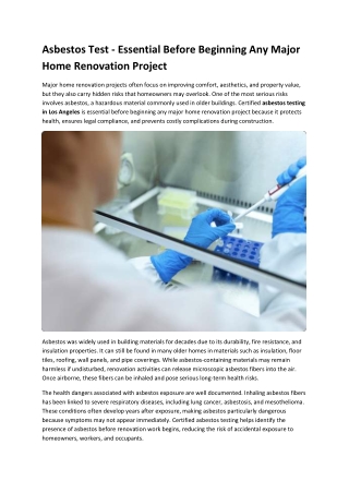 Asbestos Test - Essential Before Beginning Any Major Home Renovation Project