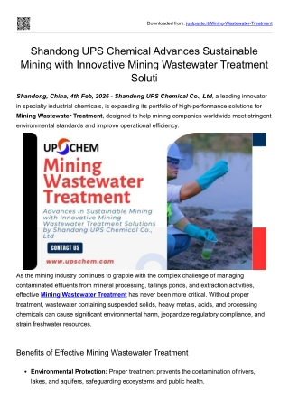 Shandong UPS Chemical Advances Sustainable Mining with Innovative Mining Wastewater Treatment Solutions
