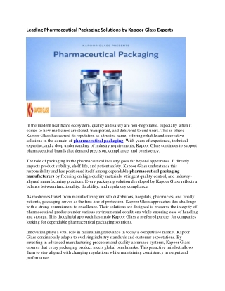 Leading Pharmaceutical Packaging Solutions by Kapoor Glass Experts