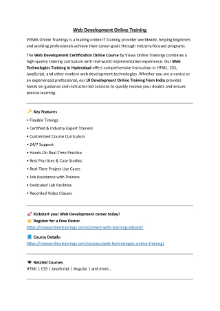 Web Development Online Training By VISWA Online Trainings From Hyderabad India