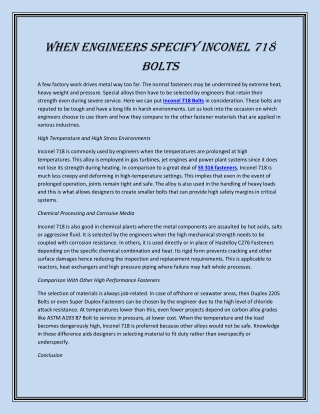 When Engineers Specify Inconel 718 Bolts
