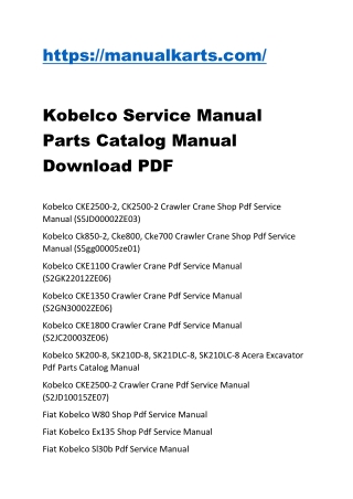 Kobelco Service Manual Parts Catalog Manual Download PDF