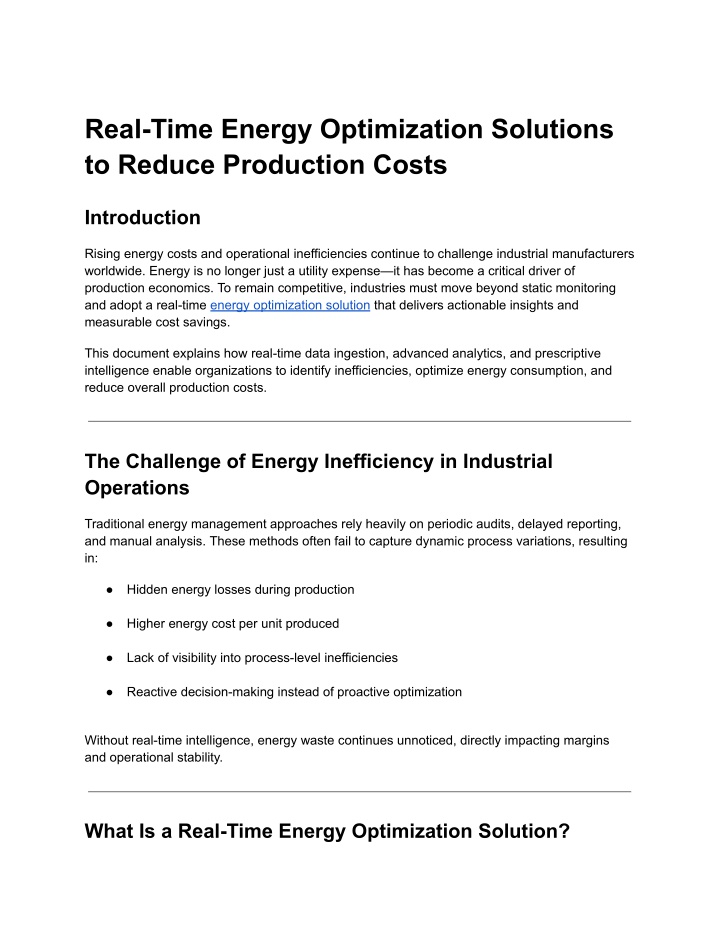 PPT - Real-Time Energy Optimization Solutions to Reduce Production ...