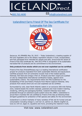 Icelandirect Earns Friend Of The Sea Certificate For Sustainable Fish Oils | Ice