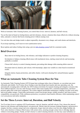 Automatic Tube Cleaning System Setpoints: Choosing Interval, Duration, and Ball