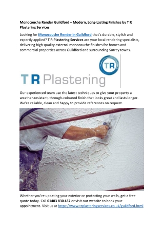 Monocouche Render Guildford – Modern, Long-Lasting Finishes by T R Plastering Services