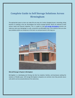 Complete Guide to Self Storage Solutions Across Birmingham