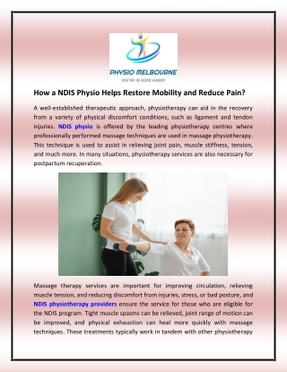 How a NDIS Physio Helps Restore Mobility and Reduce Pain?