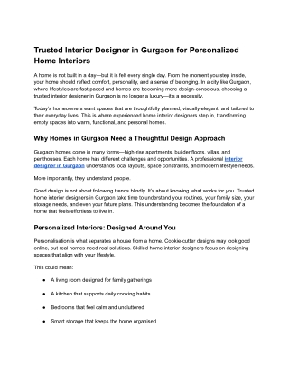 Trusted Interior Designer in Gurgaon for Personalized Home Interiors