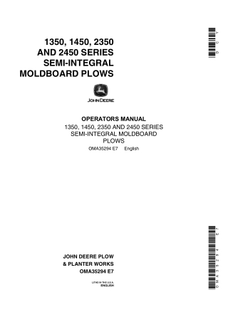 John Deere 1350 1450 2350 and 2450 Series Semi-Integral Moldboard Plows Operator’s Manual Instant Download (Publication