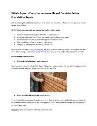 Which Aspects Every Homeowner Should Consider Before Foundation Repair
