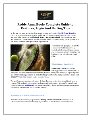 Reddy Anna Book- Complete Guide to Features, Login And Betting Tips